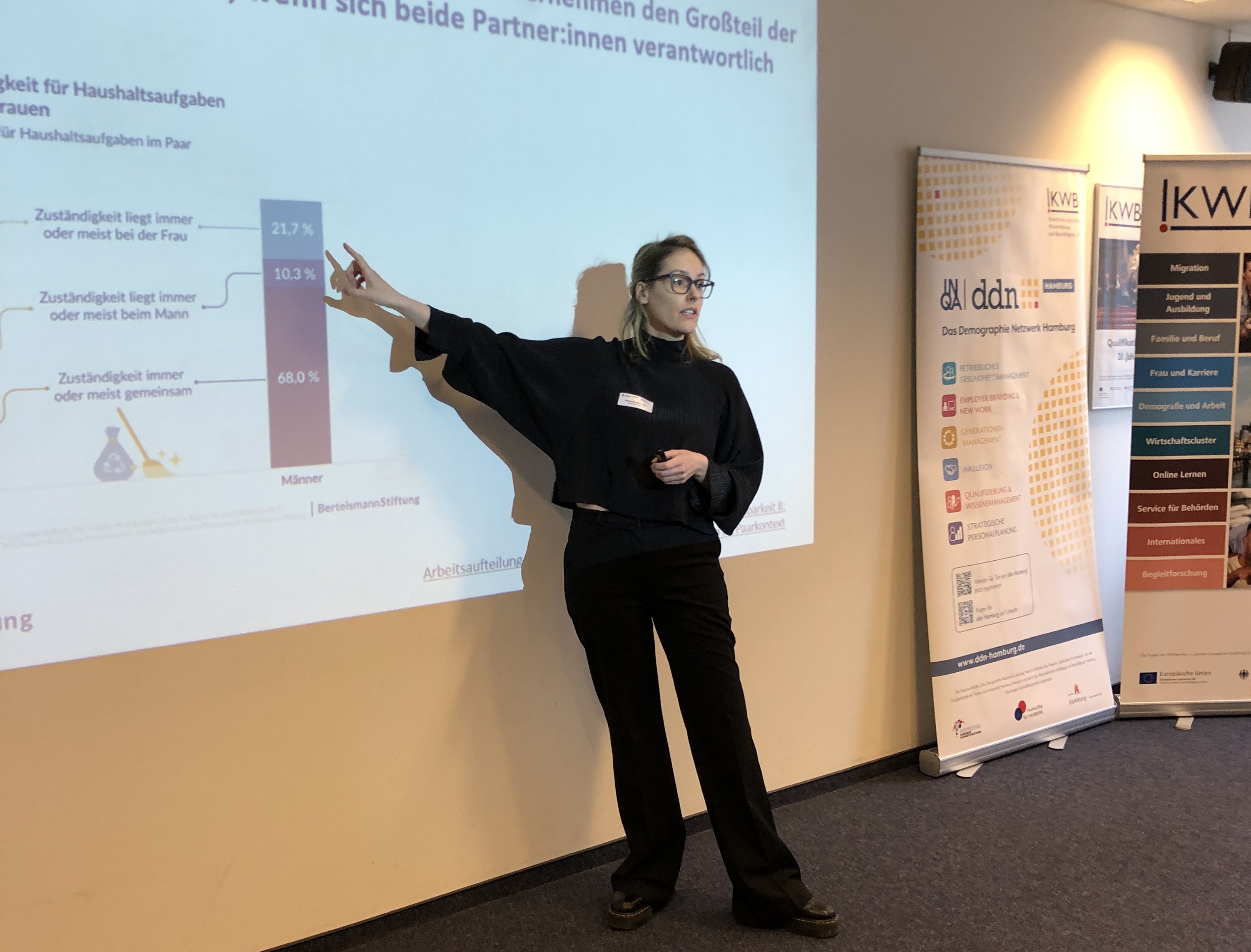 Michaela Hermann steht vor einer Grafik während ihrer präsentation.
